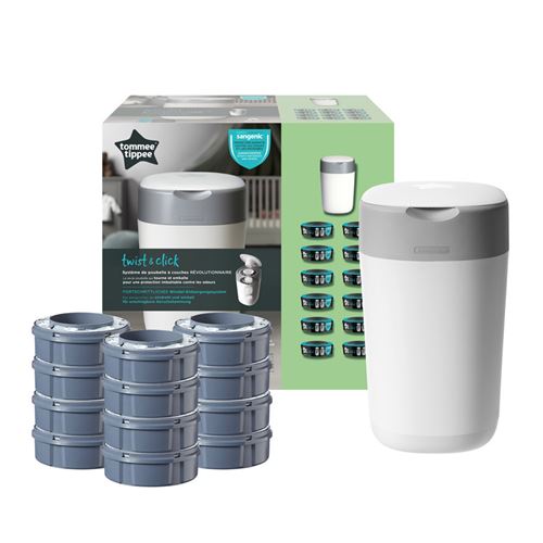 tommee tippee - starter pack - poubelle a couche + 12 recharges - twist and click sangenic tec - blanc