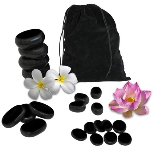 Lot de 20 pierres chaudes pour massage en basalte naturel poli + Sac de rangement