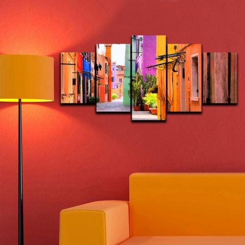 HOMEMANIA Set 5 Tableau Murale - Paysage - Maisons Colorées - pour Séjour, Chambre - Multicolore en Coton, Bois, 100 x 3 x 50 cm