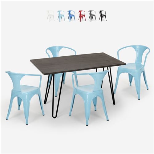 Ensemble Cuisine Restaurant Table Bois 120x160cm 4 Chaises Style Industriel Tolix Wismar, Couleur: Turquoise