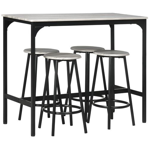 Non Communiqué Gris Ensemble Table De Bar 4 Tabourets Style Industriel Métal Noir Aspect Bois