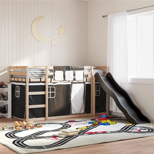 vidaXL Lit superposé avec toboggan et rideaux blanc et noir 90x190 cm
