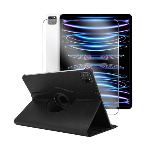 Etui rotatif en simili cuir + verre tremp&eacute; pour ipad pro 12.9 2022 - noir