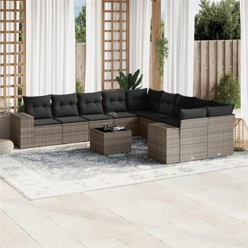VIDAXL  Salon de jardin 11 pcs - Gris r&eacute;sine tress&eacute;e