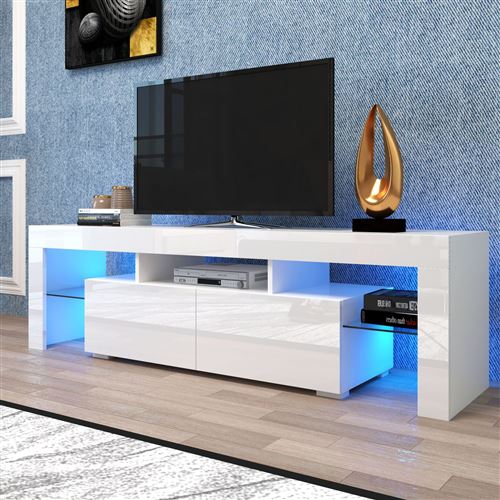 Meuble TV blanc moderne avec lumières LED, meuble TV haute brillance pour  téléviseur LED 65 pouces - Achat & prix