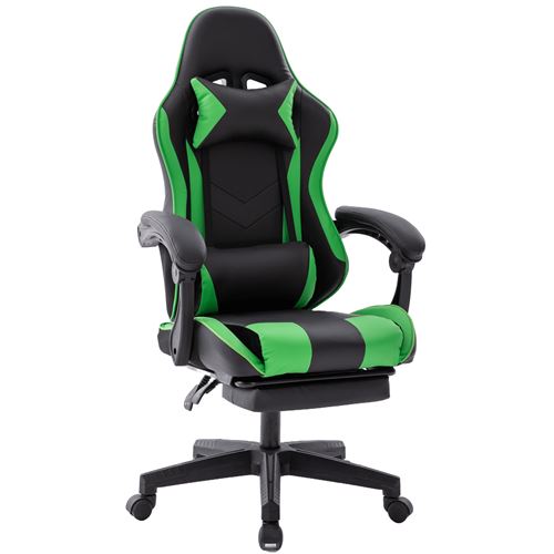  Chaise gaming Delman, avec repose-pieds escamotable et appui-t&ecirc;te, similicuir vert, dossier inclinable, base en plastique renforc&eacute; 