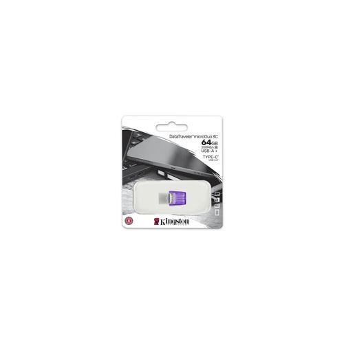 Kingston Technology Datatraveler Microduo 3C Lecteur Usb Flash 64 Go Usb Type-A / Usb Type-C 3.2 Gen 1 (3.1 Gen 1) Violet, Acier Inoxydable