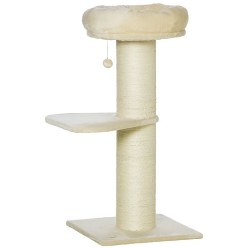PawHut Katzenbaum Kratzbaum Natürlicher Sisal 2 Plattformen Beobachtungskorb Spielball Plüsch Beige   Aosom