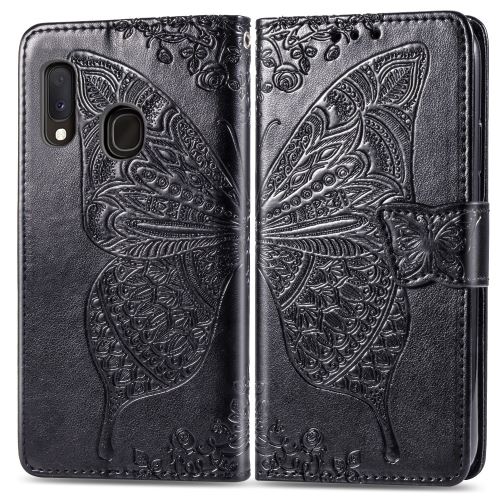 Etui en PU fleur de papillon noir pour votre Samsung Galaxy A20e