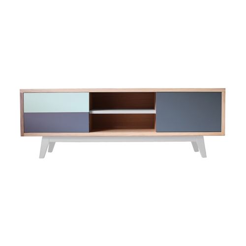 Pirotais Buffet TV chêne massif et laqué gris, 2 tiroirs 1 coulissant, Made in France Gris foncé