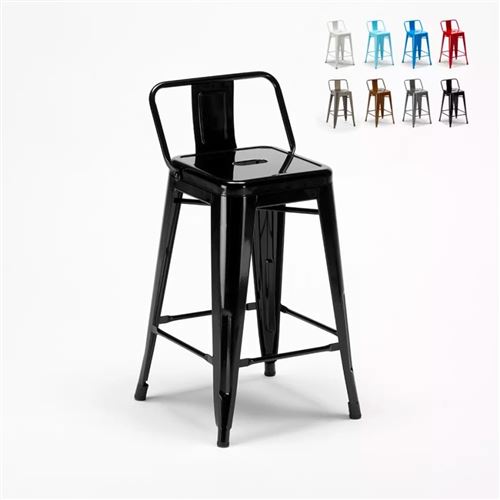 Tabouret Tolix industriel en acier avec dossier métallique bar cuisine Steel Top, Couleur: Noir