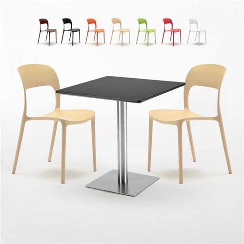 Table carrée noire 70x70 avec 2 chaises colorées Restaurant Rum Raisin, Couleur: Beige