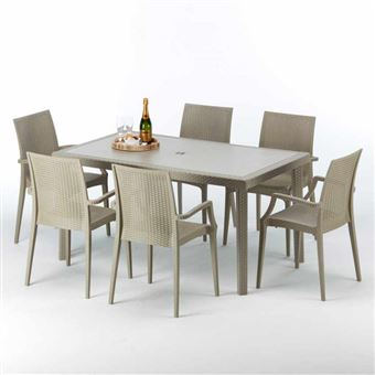 50€ sur Table rectangulaire et 6 chaises Poly rotin resine Ensemble Table À Manger Et Chaise Rectangulaire En Osier