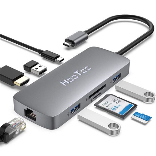 HooToo Hub USB C 8 en 1 Premium Adaptateur avec Charge PD 100W, HDMI 4K, Ethernet 1Gbps, Lecteur Carte SD/TF 3.0, 2 x USB 3.1 pou