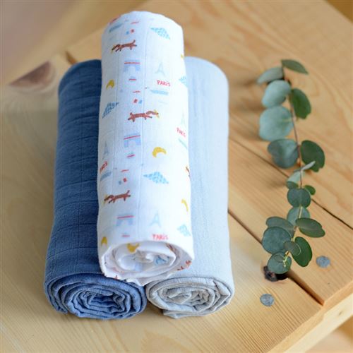 BEABA Lot de 3 langes en coton Paris bleu Paris / Blue