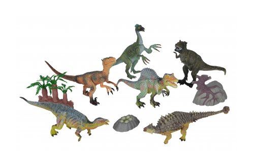 Coffret de 6 dinosaures + 3 accessoires - figurine animaux prehistorique : oeufs de dino - tyrannosaurus rex - velociraptor - spinosaurus - baryonyx - stegosaurus