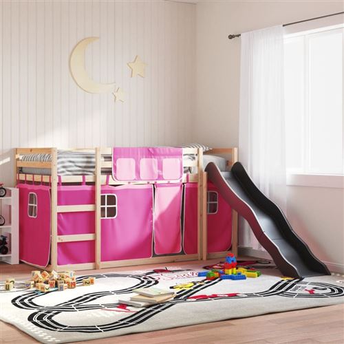vidaXL Lit superposé avec toboggan et rideaux rose 90x190 cm