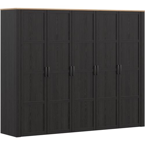 Armoire de chambre - BOHOL - Décor Chene et Noir - 5 portes battantes - L265,6 x P59,6 x H214 cm