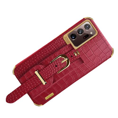 Coque pour Samsung Galaxy S22 FONGWAN Cuir à motif crocodile, avec bracelet - rouge