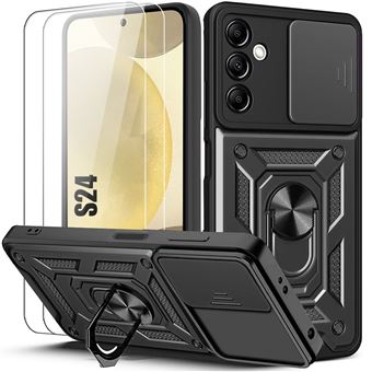 Coque + 2 Verres Trempés pour Samsung Galaxy S24 - Protection Ultra Résistante avec Anneau et Cache Caméra Coulissant - Noir - BOOLING - 1