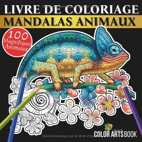 Coloriage Animaux Mandalas – Livre de coloriage adulte anti-stress, 100 illustrations (chiens, chats, lions, hiboux, chevaux, poissons), grand format 21,59 cm
