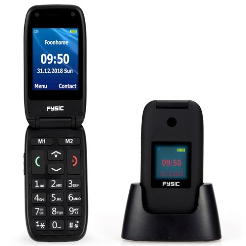 Téléphone portable à clapet facile pour les personnes âgées avec bouton d'urgence SOS Fysic FM-9260 Noir