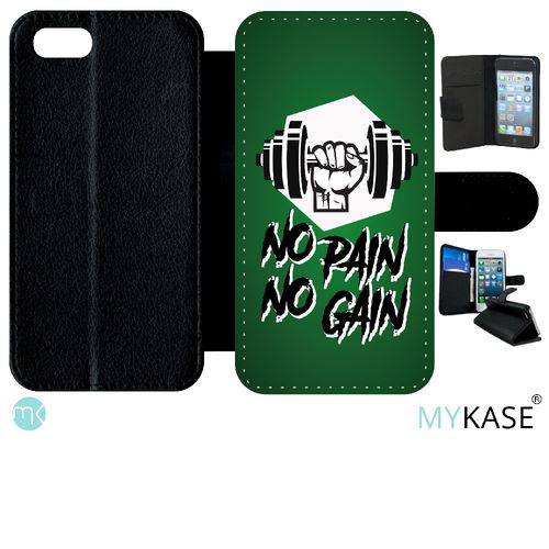 Etui My-Kase pour iPhone Se 2020 - no pain no gain fond kaki - Simili-cuir Noir