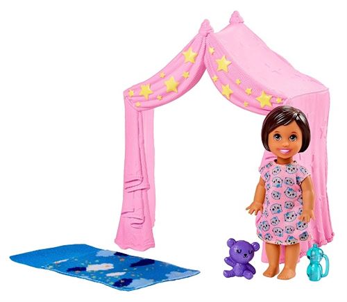 Coffret de jeu tente rose et mini poupee enfant fille - accessoires pour barbie - jouet skipper babysitter