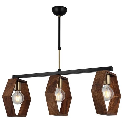 HOMEMANIA Lampe à Suspension Lugo - Lustre - Lustre de plafond - Or, Noir, Bois en Métal, Bois, 67 x 27 x 84 cm, 3 x E27, Max 40W