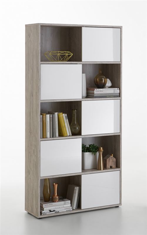 Etagère coloris chêne sablé / blanc brillant - 90 x 182 x 33 cm -PEGANE-