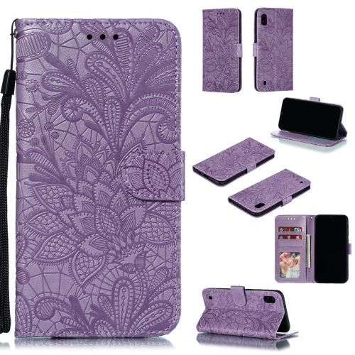 Etui en PU motif de fleurs en dentelle avec support violet pour votre Samsung Galaxy A10