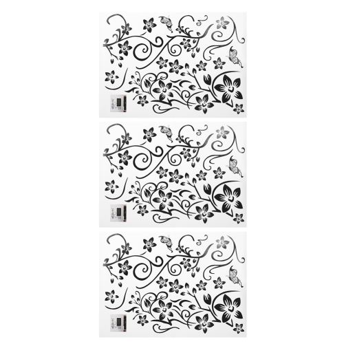 Autocollant Mural Imperméable Motif de Papillons Fleurs Décor Chambre à Coucher 3Pcs - Noir