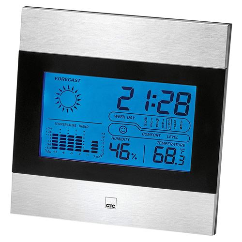 CTC WSU 7023 Station météo multifonctionnelle avec Horloge et écran LCD (éclairé), Support et Fixation Murale Noir/Aluminium