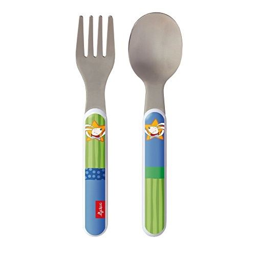 Sigikid, 24873 enfant garçon couverts de table fourchette + cuillère, inox et plastique abs, racing rabbit bleu, 14 cm