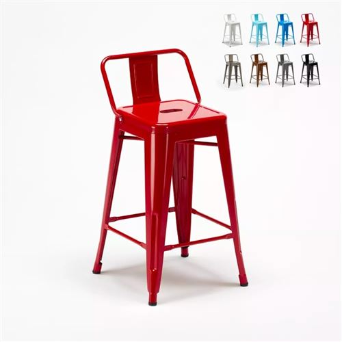 Tabouret Tolix industriel en acier avec dossier métallique bar cuisine Steel Top, Couleur: Rouge