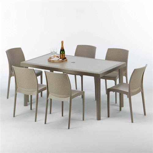 Table rectangulaire et 6 chaises Poly rotin resine ensemble bar cafè exterieur 150x90 Beige Marion, Chaises Modèle: Boheme Beige Juta