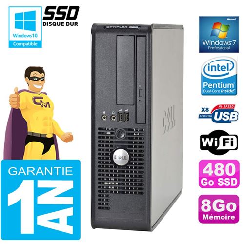 PC Dell 380 Sff Intel E5700 Ram 8Go Disque 480 Go SSD Graveur Dvd WiFi W7