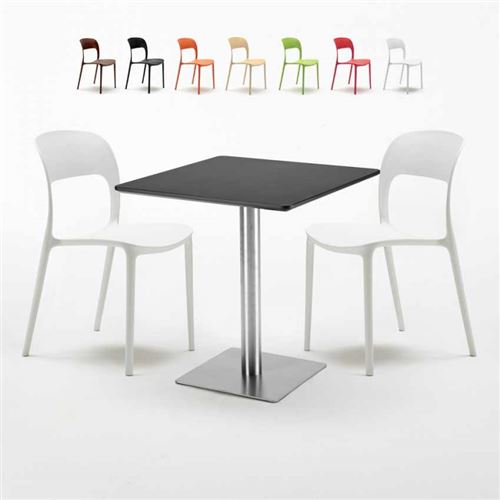 Table carrée noire 70x70 avec 2 chaises colorées Restaurant Rum Raisin, Couleur: Blanc