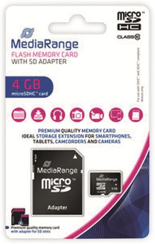 MediaRange - Carte mémoire flash (adaptateur microSDHC - SD inclus(e)) - 4 Go - Class 10 - micro SDHC - noir