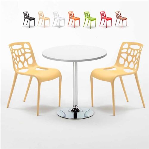 Table Ronde Blanche 70x70cm Avec 2 Chaises Colorées Set Intérieur Bar Café Gelateria LONG Island, Couleur: Beige