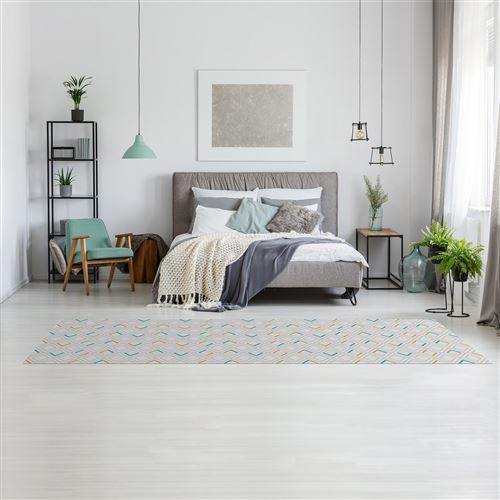 Tapis En Vinyle Géométrique G 004 250x64cm Gris Bleu Jaune Gris Bleu Jaune