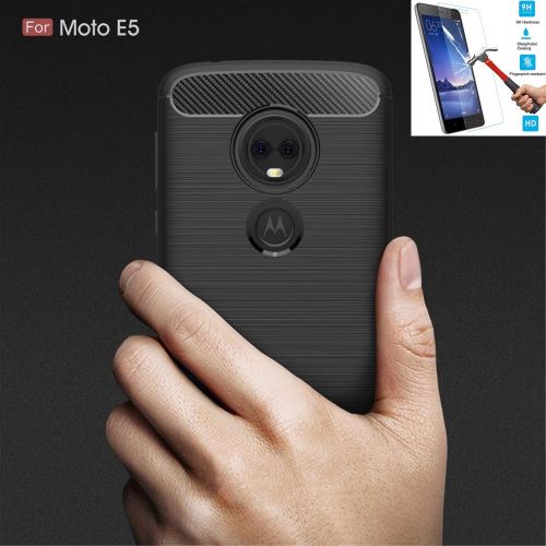 Motorola Moto E5 Carbone Noir Avec Film Verre Trempé Coque Housse Etui En Silicone Gel Souple hfs-house®