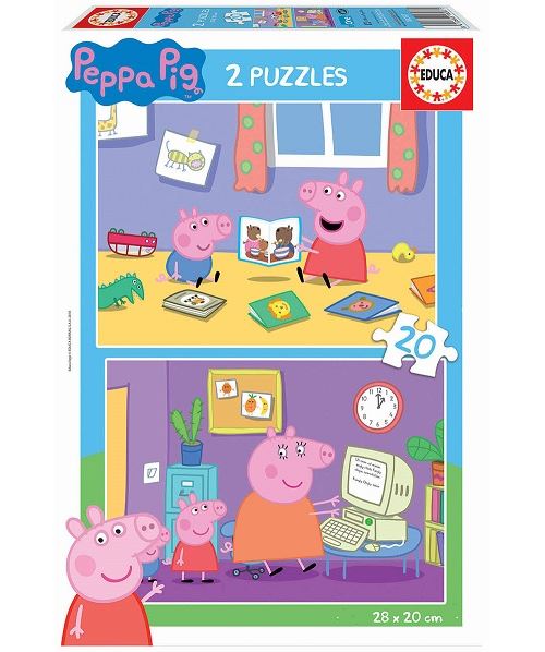 Puzzle enfant educa 2 x 20 pieces - peppa pig et georges jouent dans la chambdre / font de l ordinateur
