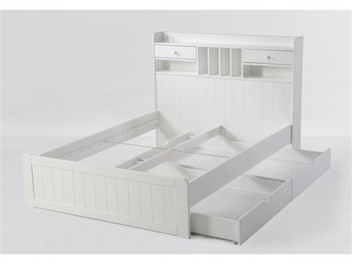 Lit Mederick Avec Rangements Et Tiroirs 140x190cm Pin Blanc