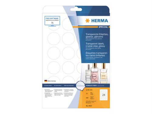 HERMA - Auto-adhésif - transparent - diamètre 40 mm 600 étiquette(s) (25  feuille(s) x 24) étiquettes pelliculées - Consommable pour imprimante photo  - Achat & prix