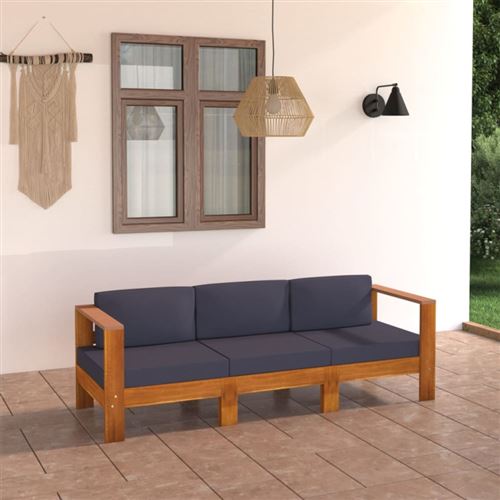 Vidaxl canap&eacute; de jardin 3 places et coussins gris fonc&eacute; acacia massif
