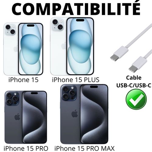 Lot 2 Cables USB-C USB-C pour iPhone 15 / 15 PLUS / 15 PRO / 15 PRO MAX -  Câble nylon tressé 2 mètres Phonillico® - Chargeur pour téléphone mobile -  Achat & prix