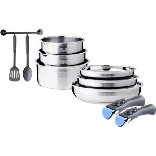 Lot de 10 pièces induction Arthur Martin AM2238 inox satiné bec verseur poignées amovibles