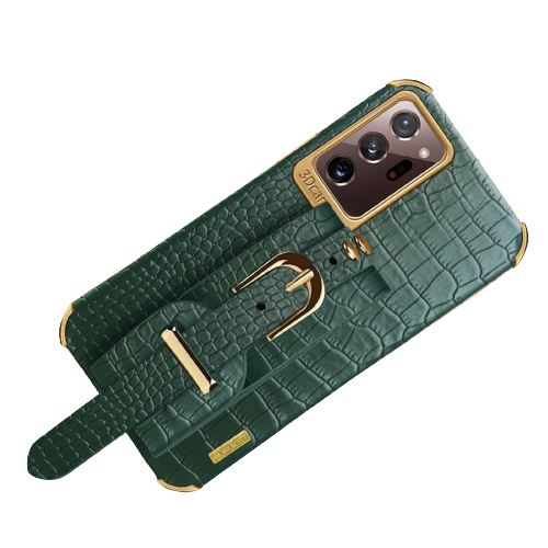Coque pour Samsung Galaxy S22 FONGWAN Cuir à motif crocodile, avec bracelet - vert