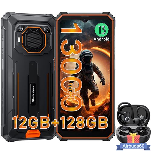 Téléphone Portable Incassable Blackview BV6200 Pro 6,56 13000mAh 12Go+128Go Orange avec Écouteurs Bluetooth Airbuds 60(Noir)